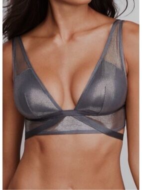 Victoria’s Secret Metallic Sheer Mesh Strappy Plunge Bralette in Charcoal Gray